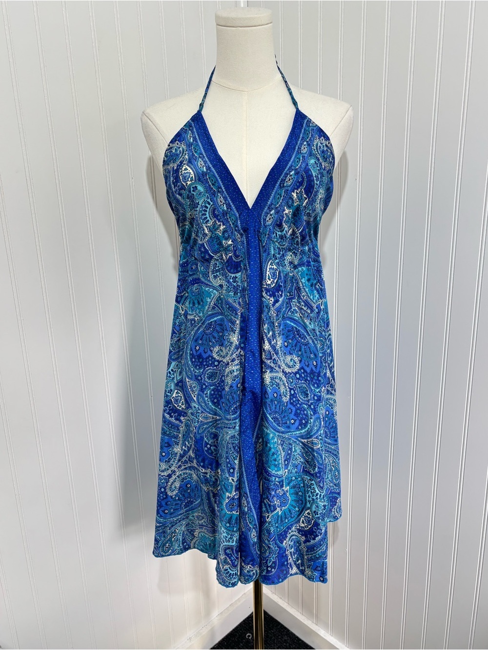 Art Silk Blue Paisley Halter Open Back Tassel Tie Boho Sundress Free Size